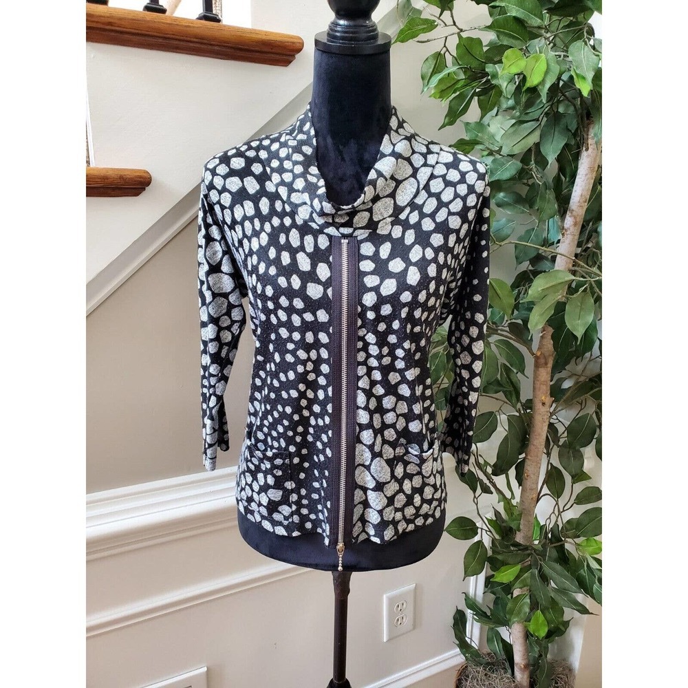 Inside Out Women's Black & White Polyester Long Sleeve Full Zip Front Sweater S